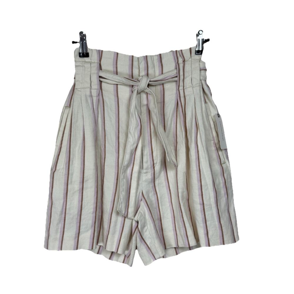 Anthropologie Linen Blend Shorts Paper Bag Waist Sz 4 Striped Pink‎ Cream NWT